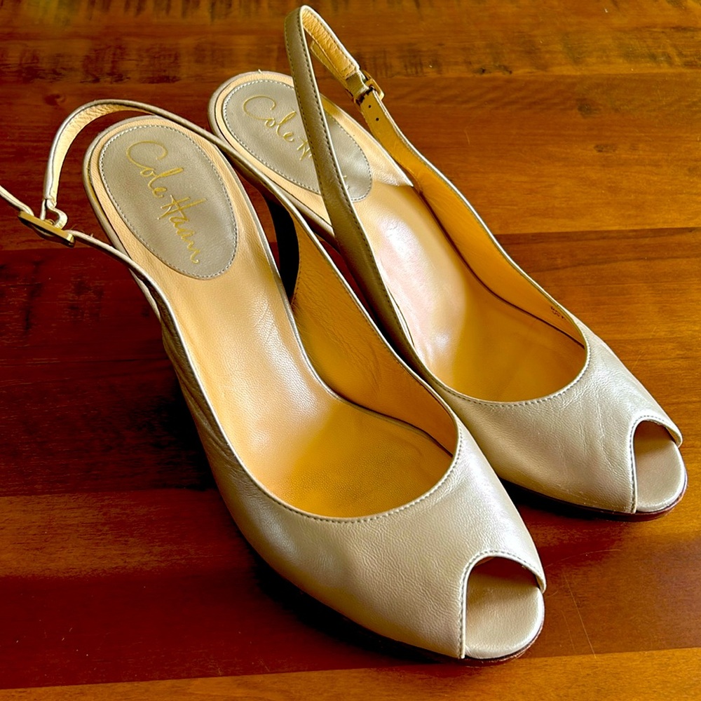 Cole Haan Champagne Gold Peep Toe Slingback Heels